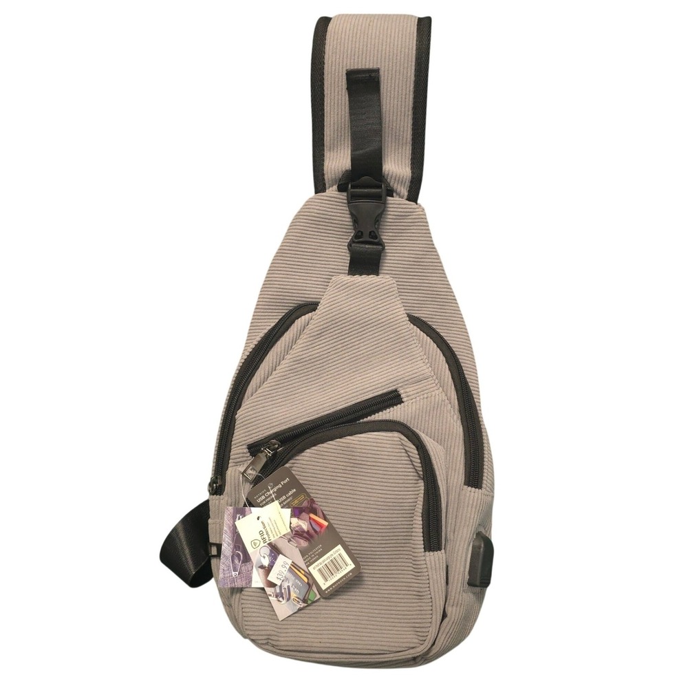 Nupouch Anti-Theft Daypack Large Grey Corduroy Sling Bag RFID USB Port